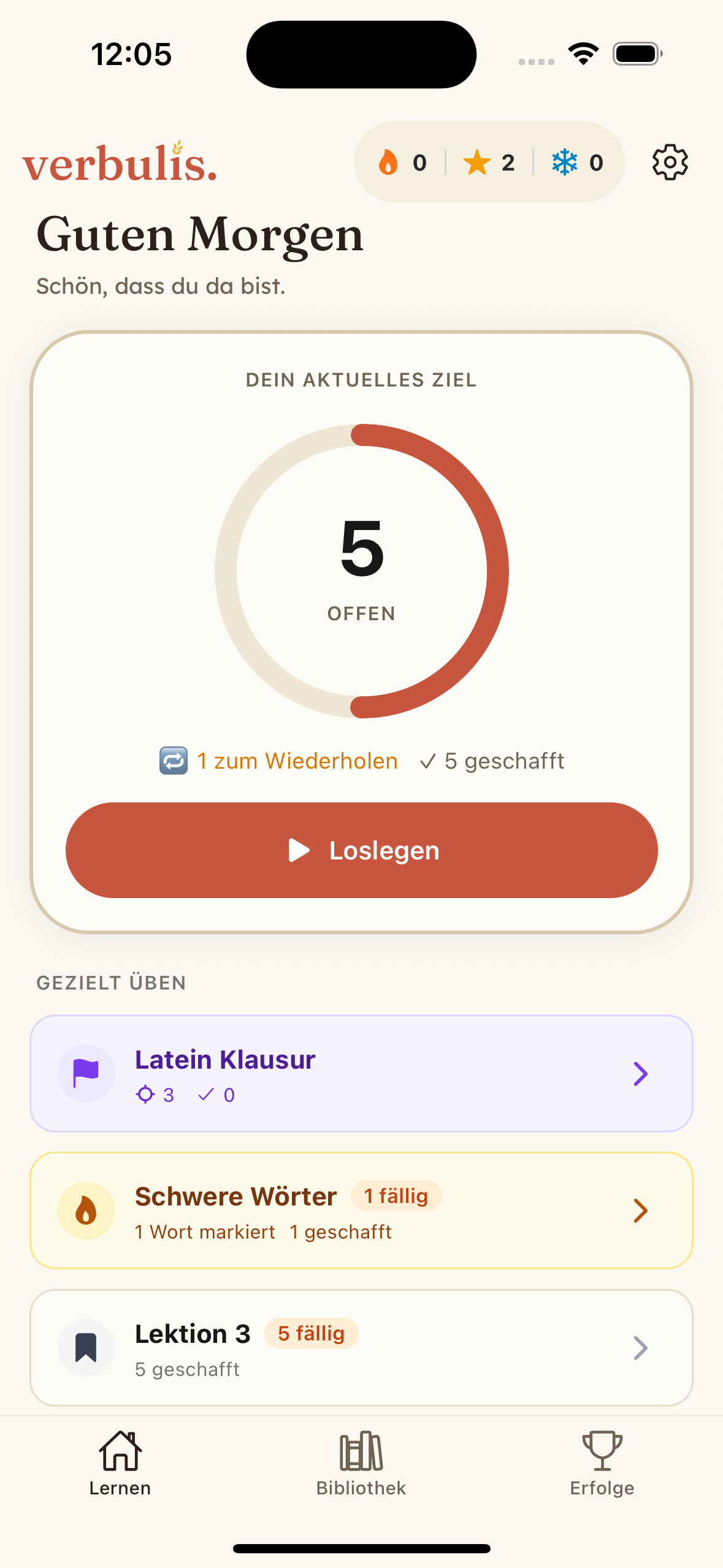 Verbulis App — Startbildschirm mit Lernfortschritt für Latein